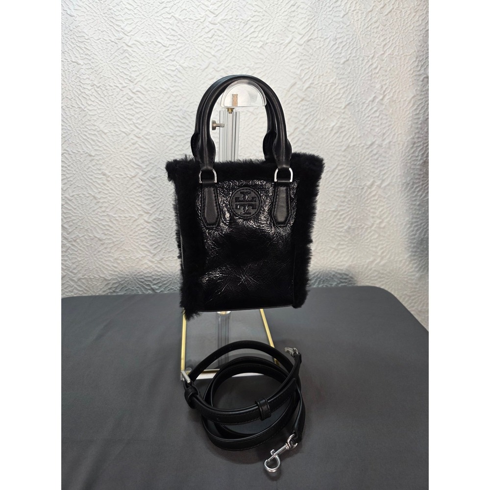 Tory Burch Blake Patent Shearling Mini Shopper Tote Women Mini Black Excellent